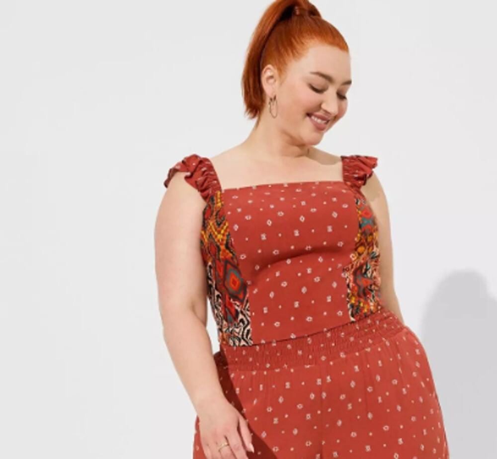 Torrid Women's Red Challis Smocked Ruffle Trim Crop Top Plus Size 1X